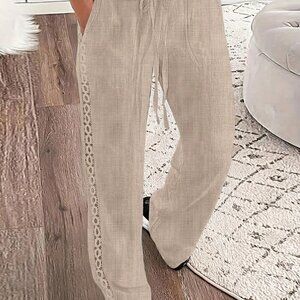 Khaki Casual Women's Side Lace Solid Denim Effect Long Pants
